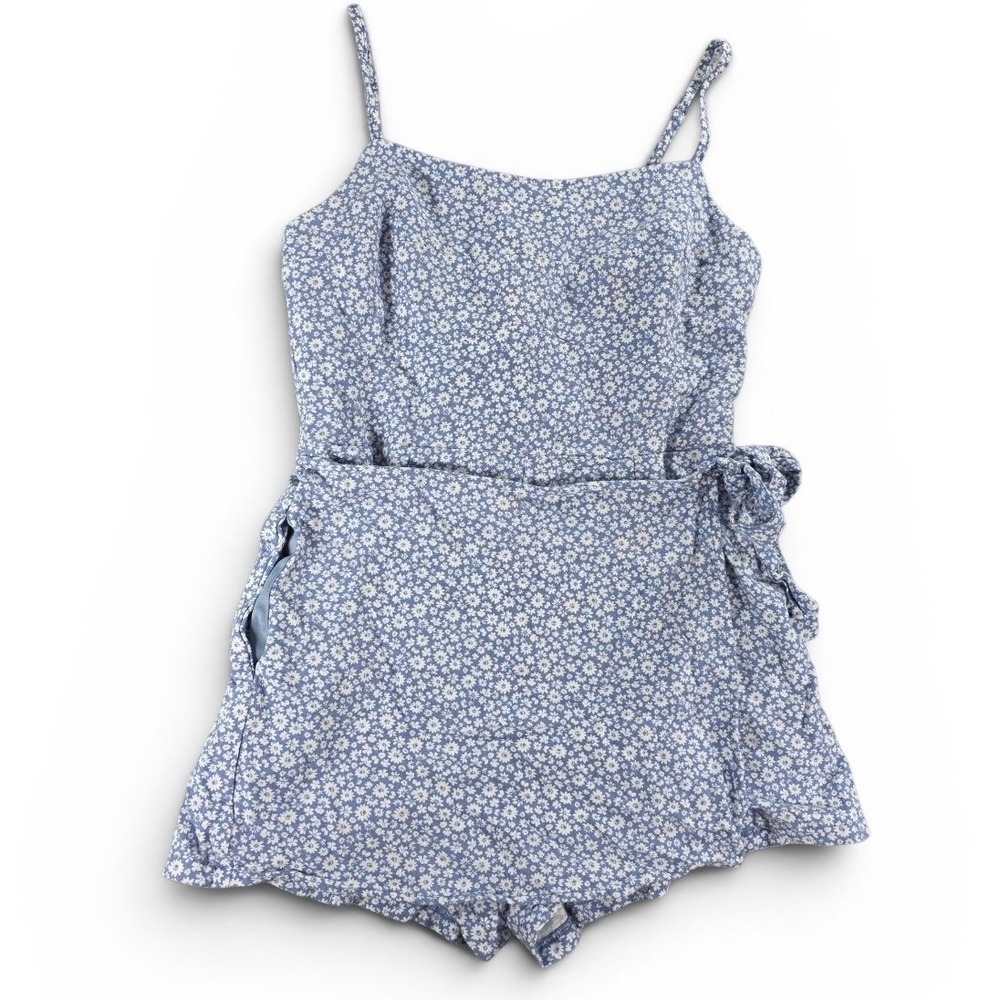 Altar'd State Womens Medium Blue Floral Romper Linen Blend Boho Cottagecore Tie